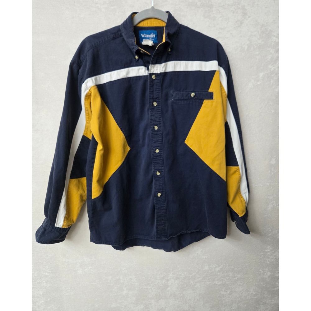 Vintage Wrangler Western Shirt Mens Medium Navy Yellow Colorblock 90s Cowboy